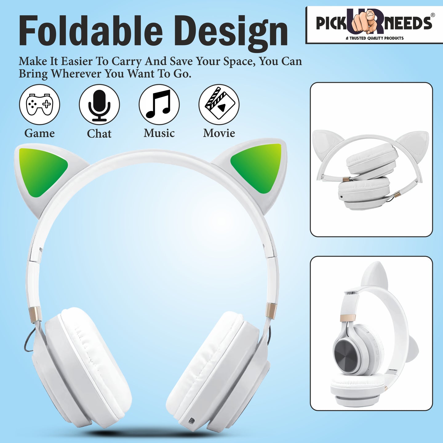 Pick Ur Needs Bluetooth Headphone With Microphone Cat Design Stereo HiFi Earphones Wireless (White)